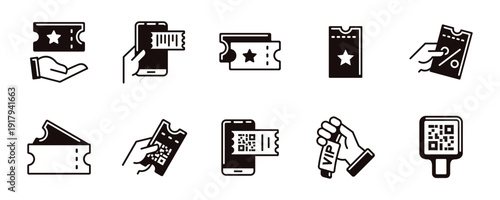 entry pass ticket icon line set unique style. coupon voucher access reservation for cinema, flight, concert, sport, event, music show ticket signs vector outline illustration