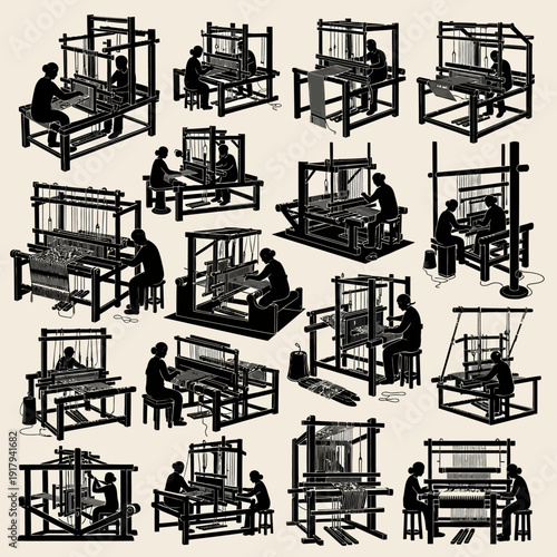 Textile weaving loom vector illustration set. Includes various traditional hand looms and weavers working on fabric production. Created in a detailed black and white silhouette style with a