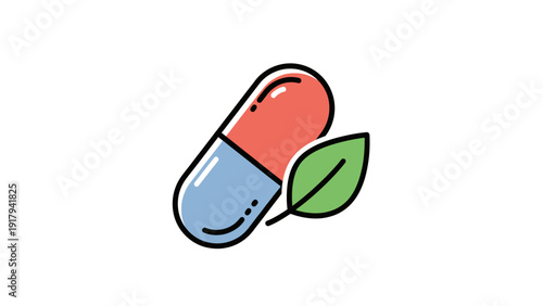 A colorful capsule with a green leaf, suggestive of herbal medicine, over a white background