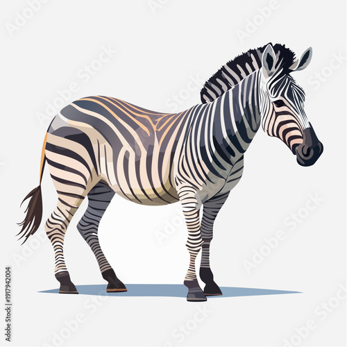 A captivating full-body illustration of a majestic zebra standing proudly, showcasing its iconic black and white stripes and distinctive wild charm on a clean background