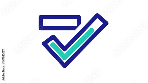A blue checkmark with turquoise inner lines, next to a horizontal rectangle