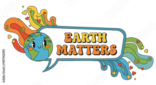 Earth Matters environmental icon with cartoon globe and speech bubble, colorful illustration vector graphic.