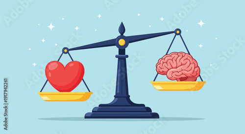 Balanced scale with a red heart on the left side and a pink brain on the right, against a blue background with sparkling stars, symbolizes emotion vs. logic.