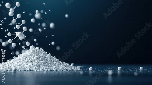 Molecular diagram overlay on powdered drug ingredients, formulation science visualization