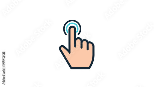 Stylized hand icon, index finger touching a light-blue circle on white background