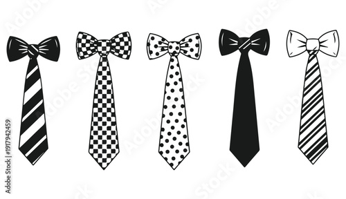 Set of black bow tie vector silhouettes, isolated on white background, for formal wear design, fashion templates, clothing icons, party and event graphics, and professional vector illustrations.