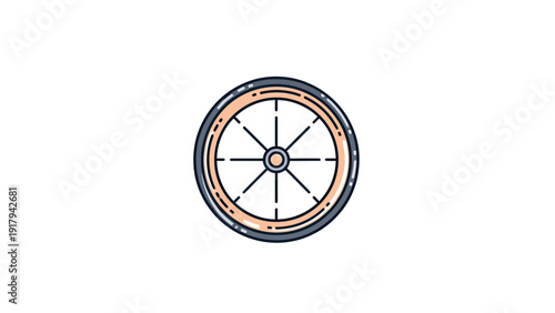 A stylized wheel, featuring a circular design with spokes and a colored rim