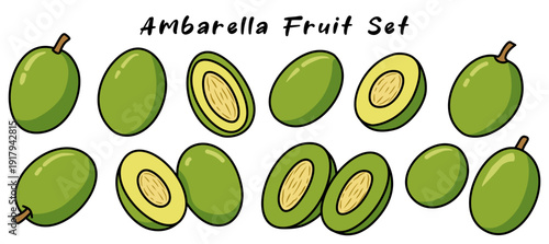 Fresh ambarella fruit set showcases vibrant green fruits, highlighting their unique shapes and textures. This delightful collection captures essence of nature bounty and invites exploration