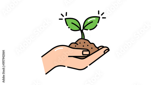 A hand cradles soil holding a small sprouting plant with bright green leaves