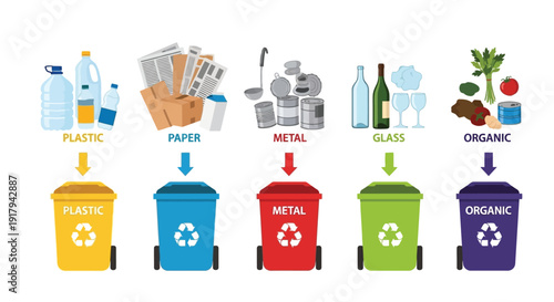 Illustration of recycling bins and waste types: plastic, paper, metal, glass, and organic. Each has matching colored arrows and labeled bins.