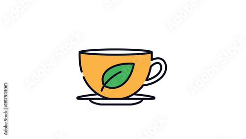 A cartoon-style tea cup, orange with green leaf and black outlines, on a saucer