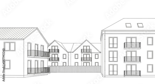 Detailed architectural drawing of modern residential buildings with multiple floors and balconies.