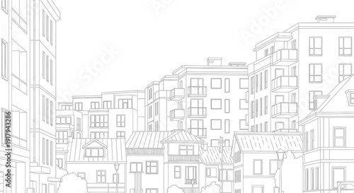 Urban landscape with multiple buildings and architectural details.