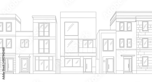 Row of modern three-story residential buildings with varied architectural designs.