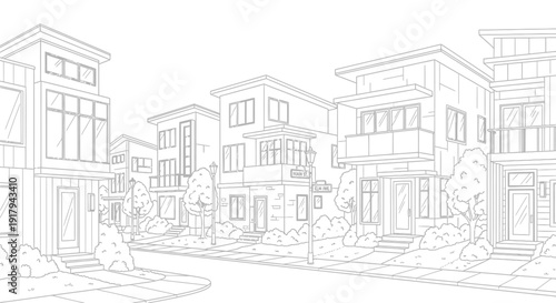 Line drawing of modern suburban houses with gardens and street.