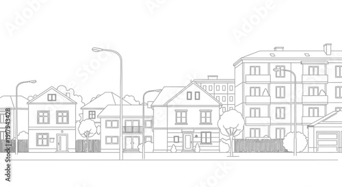 Line drawing of a row of houses with streetlights and trees.