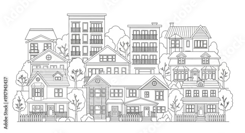 Detailed black and white illustration of a row of houses with trees and fences.