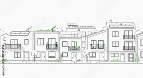 Modern residential buildings with solar panels on rooftops in a suburban neighborhood.