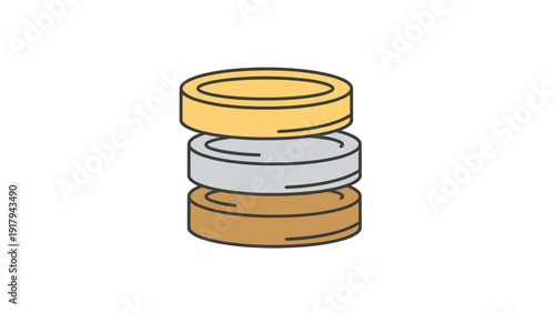Three colorful coin-like shapes stacked vertically, yellow, silver and brown, on a white background