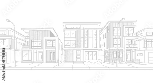 Row of modern houses in a suburban neighborhood with clean lines.