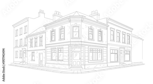 Detailed line drawing of a classic European style corner building with multiple stories and chimneys.