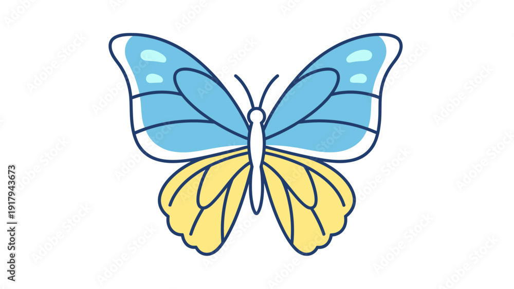 Obraz premium A symmetrical butterfly illustration with blue and yellow wings, outlined in dark blue