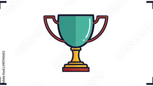 A trophy is featured on a white backdrop, with a teal cup and gold base