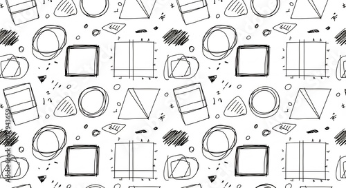 Seamless Pattern of HandDrawn Geometric Shapes and Scribbles.