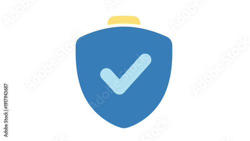 A blue shield icon with a check mark inside, and a yellow tab on top