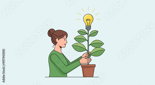 Woman Tending to a Plant Symbolizing Idea Growth and Innovation
