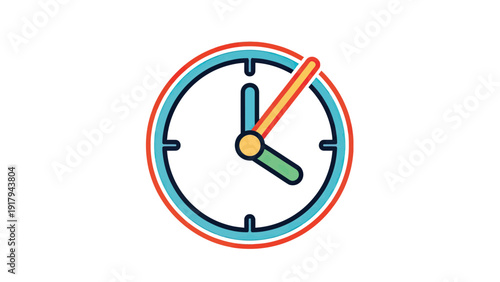A colorful, graphic clock illustration against a white background, featuring a circular design