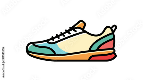 A colorful, cartoon-style sneaker with laces. It has teal, orange, red, and yellow accents