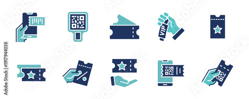 Ticket voucher coupon icon set. Cinema, concert, flight, train, transport, sport, booking pass access reservation signs vector illustration with bicolor style