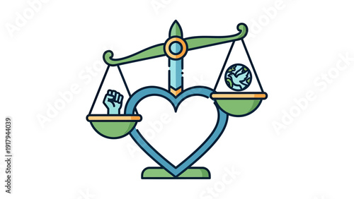 Vector illustration of a scale balancing a raised fist with a globe and dove, heart base