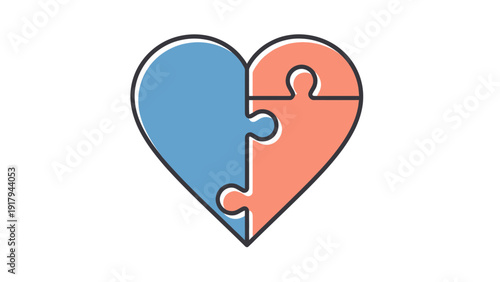 A heart made of two puzzle pieces, one blue and one peach, with a black outline, on white