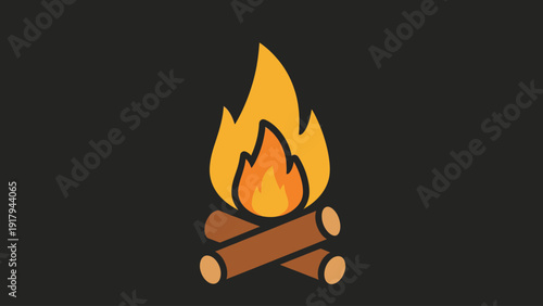 Stylized illustration of a campfire against a dark gray background. Logs and flames are shown