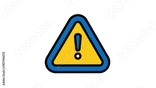 A yellow triangular warning sign with a blue border and an exclamation mark inside