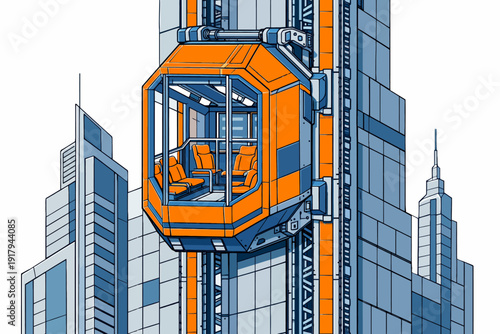 Futuristic cityscape with monorail transit system and modern skyscrapers viewed from a dynamic angle