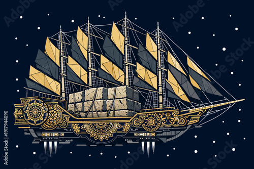 Ornate spaceship sailing through the cosmos with intricate designs and stars