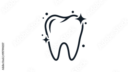 A minimalistic tooth icon with star accents and sparkles, set against a white background