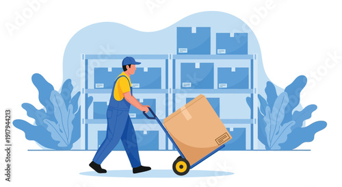 Worker in blue overalls pushes a hand truck carrying a large box in a warehouse. Behind him, shelves are stacked with boxes. The setting conveys productivity.