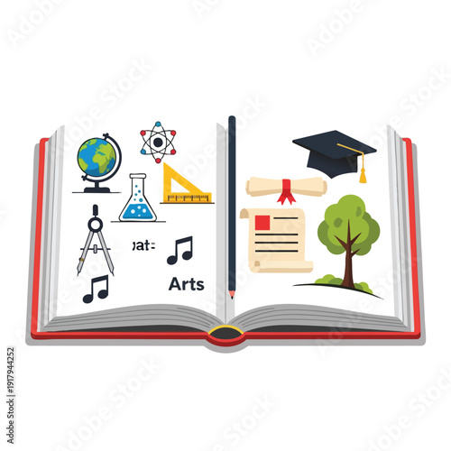 Open Book with Educational Icons Representing Learning and Knowledge