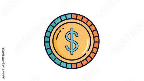 A circular illustration of a dollar sign coin with a teal and orange decorative border