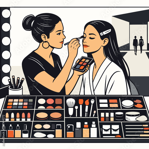 A makeup artist applying cosmetics to a woman in a serene environment with various beauty products nearby