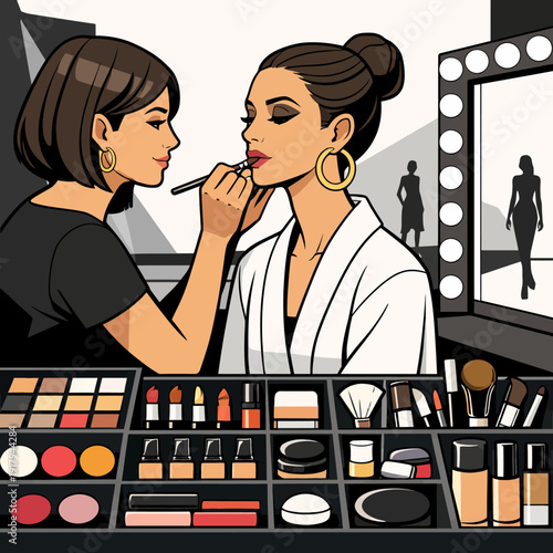 Makeup artist applying cosmetics to model in dressing room with mirror and beauty products