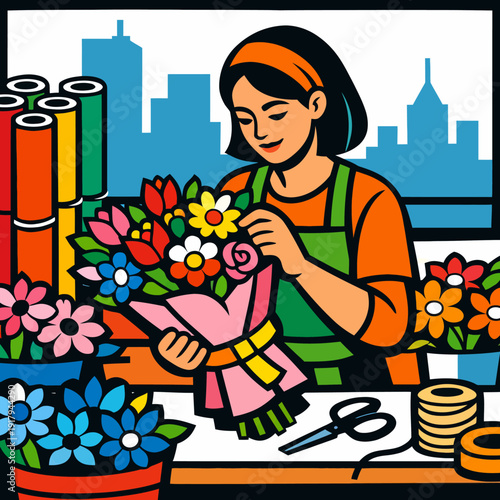Woman arranging colorful flowers in wrapping paper at workplace with cityscape outside