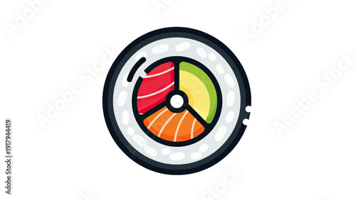 A colorful, graphic sushi roll, cut to reveal sections of fish and avocado. White background