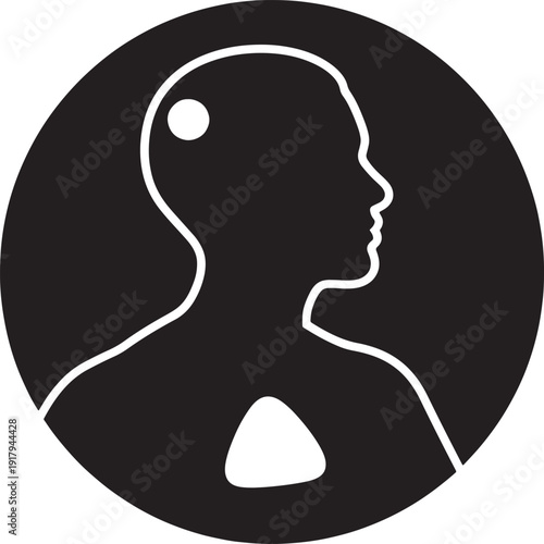 Simple profile view of a human head and shoulders in a circle  white outline on solid color