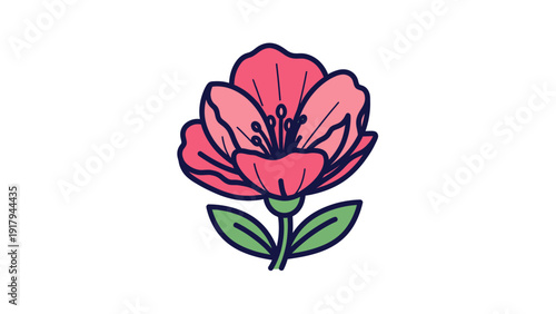 Colorful stylized flower with pink petals and green leaves, outlined in dark blue, on white