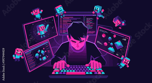 A person typing on a keyboard surrounded by multiple screens with neon graphics